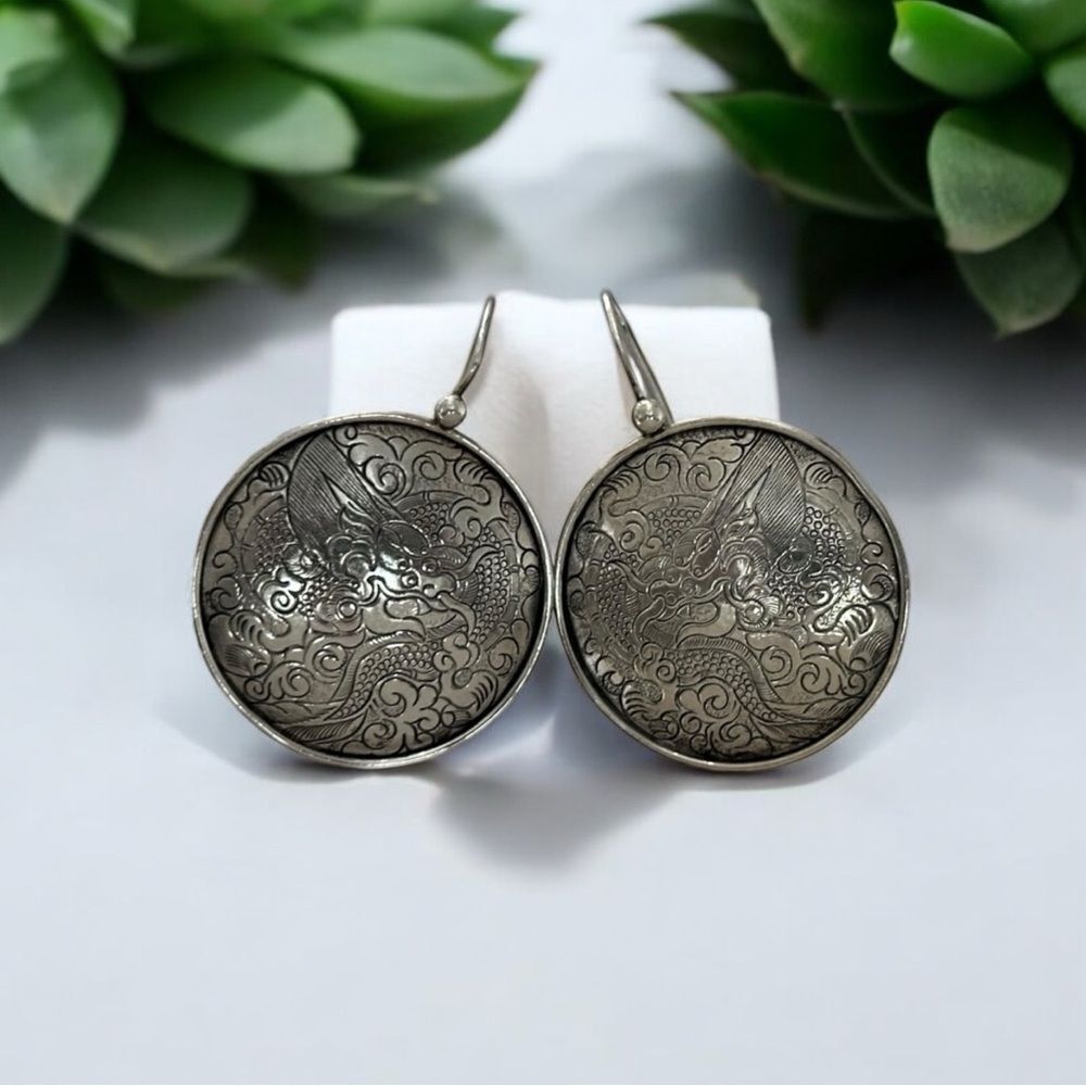 Silver-Tone Engraved Dragon Disc Drop Earrings - Picture 2 of 10